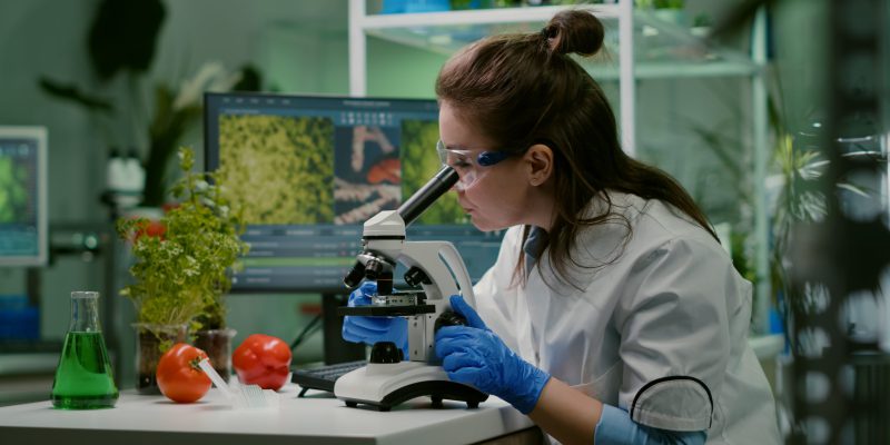 Portrait of biologist scientist in white coat working in expertise laboratory looking into microscope analyzing organic gmo leaf. Specialist researcher doing biochemistry experiment